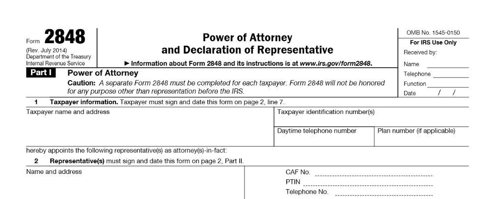 Header of IRS Form 2848 Power of Attorney