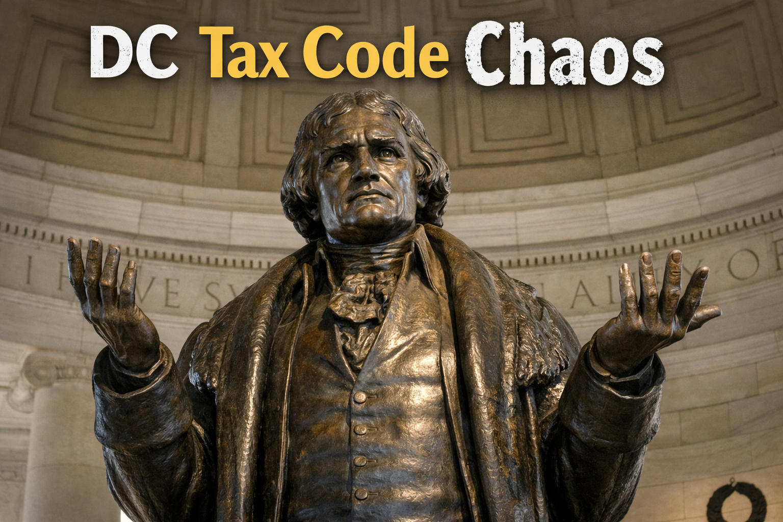 Thomas Jefferson Memorial statue with his hands up in exasperation.